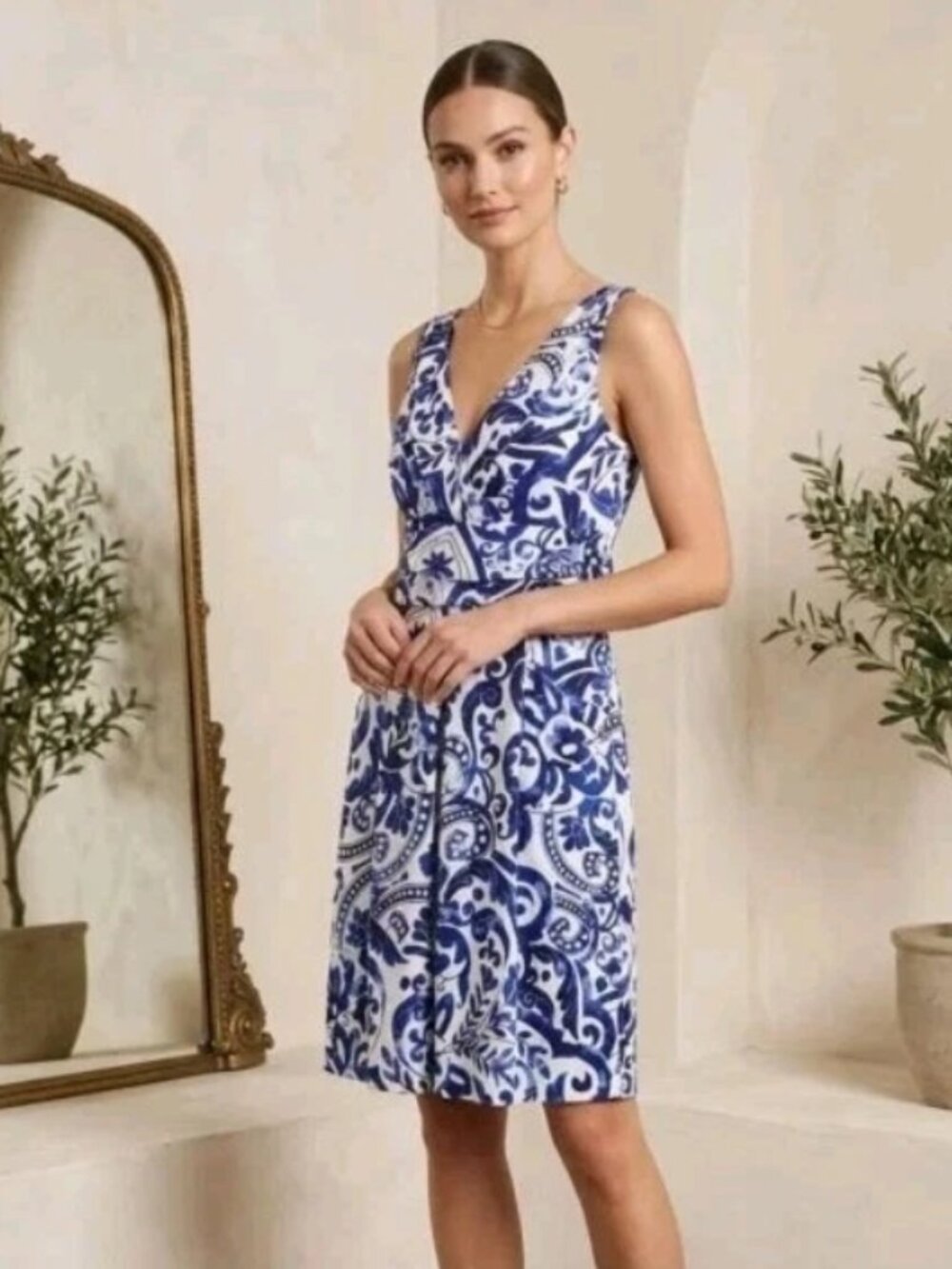 Lauren Ralph Lauren Blue White Paisley Sleeveless Cotton Blend Dress Size 6 ....